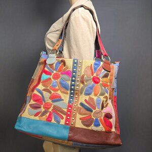 Boho Patchwork Leather Bag Studded Large Canvas Shoulder Handbag Tote Colorful